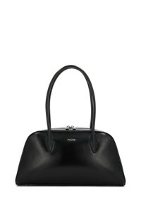 Sort læderhåndtaske med et struktureret design, to runde håndtag og lynlåslukning. Har et diskret logo foran.