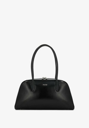 Schwarze Lederhandtasche mit strukturiertem Design, zwei rundengriffen und einem Reißverschluss. Auf der Vorderseite befindet sich ein dezentes Logo.