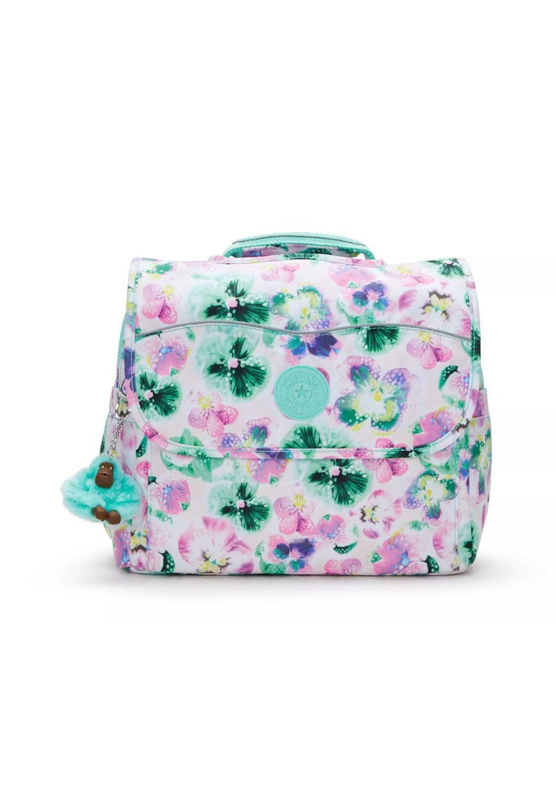 Sac à dos floral avec un fond rose clair, orné de fleurs vertes et violettes, doté d'une fermeture éclair et d'une anse et d'accents turquoise.