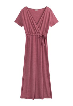 Mauve wikkeljurk met korte mouwen, V-hals, taille met trekkoord, midi-lengte en zijsplitten.