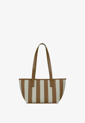 Draagtasje met verticale beige en bruine strepen, lange bruine hengsels en de tekst "bugatti" in wit op de bruine strepen.