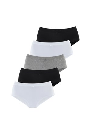 Fünfpack Damen-Hipster-Slips in Schwarz, Weiß und Grau. Weicher Baumwollmix mit einem glatten Bund und kleinen Schleifen-Details vorne.
