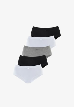 Fünfpack Damen-Hipster-Slips in Schwarz, Weiß und Grau. Weicher Baumwollmix mit einem glatten Bund und kleinen Schleifen-Details vorne.