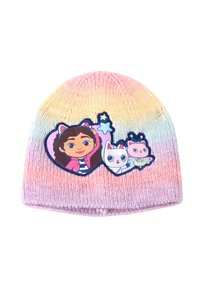 Bonnet tricoté présentant un dégradé ombre allant du rose au lavande, orné d'une patch colorée représentant un personnage et deux animaux.