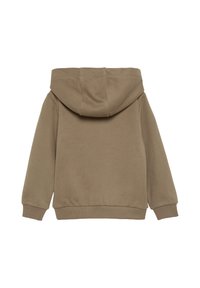 Brązowy hoodie z dużym kapturem, prążkowanymi mankietami i pasem. Gładka tekstura materiału i prosty, nieozdobiony design.