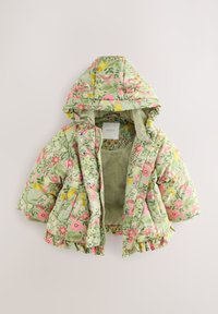 Vaikiška žalia paminkštinta striukė su rožiniais ir geltonais gėlių raštais, su gobtuvu, spaudėmis ir minkštu pamušalu.