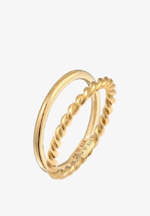 Guldringe sæt, én glat og én snoet. Begge har en blank finish med mærker, der angiver metalrenhed. Simpelt, elegant design.