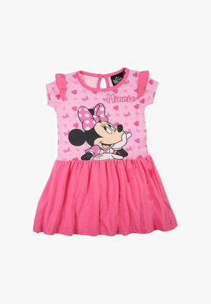 Robe rose à manches courtes, ornée d'une impression de Minnie Mouse sur le corsage et d'une jupe froncée. Tissu lisse avec des accents à volants.