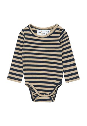 Langærmet babybody med beige og sorte striber, med trykknapper ved skulder og skridt, størrelse 2-6 måneder.