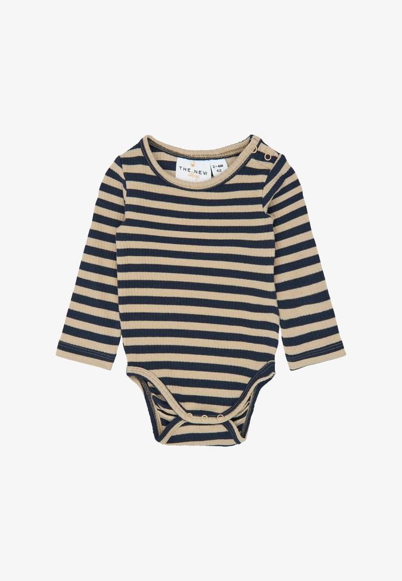 Body bébé à manches longues beige et noir rayé avec boutons-pression à l'épaule et à l'entrejambe, taille 2-6 mois.