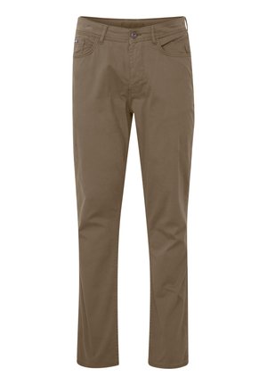 Pantaloni marroni realizzati in tessuto di cotone liscio, con design a gamba dritta, tasche frontali e un singolo bottone decorativo.