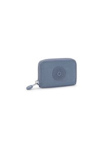 Light blue zippered wallet made of textured fabric. Features a round logo patch and contrasting stitching along the edges. Compact design.