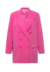 Blazer rosa de doble botonadura con solapas muesca, dos bolsillos frontales y seis botones a juego; confeccionado en tela suave con una forma estructurada.