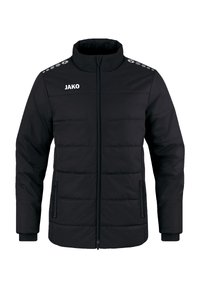 Schwarze gepolsterte Jacke mit hohem Kragen, Reißverschluss und Logo. Sie verfügt über gestickte Paneele und Seitentaschen sowie Akzente auf den Schultern.