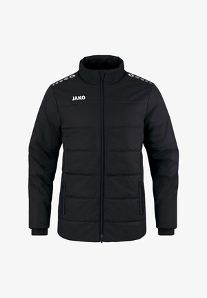 Zwarte gewatteerde jas met hoge kraag, ritsluiting en logo. Heeft gestikte panelen en zijzakken, met accenten op de schouders.