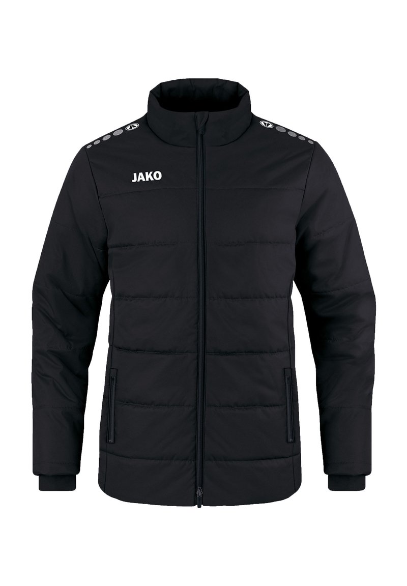 Schwarze gepolsterte Jacke mit hohem Kragen, Reißverschluss und Logo. Sie verfügt über gestickte Paneele und Seitentaschen sowie Akzente auf den Schultern.