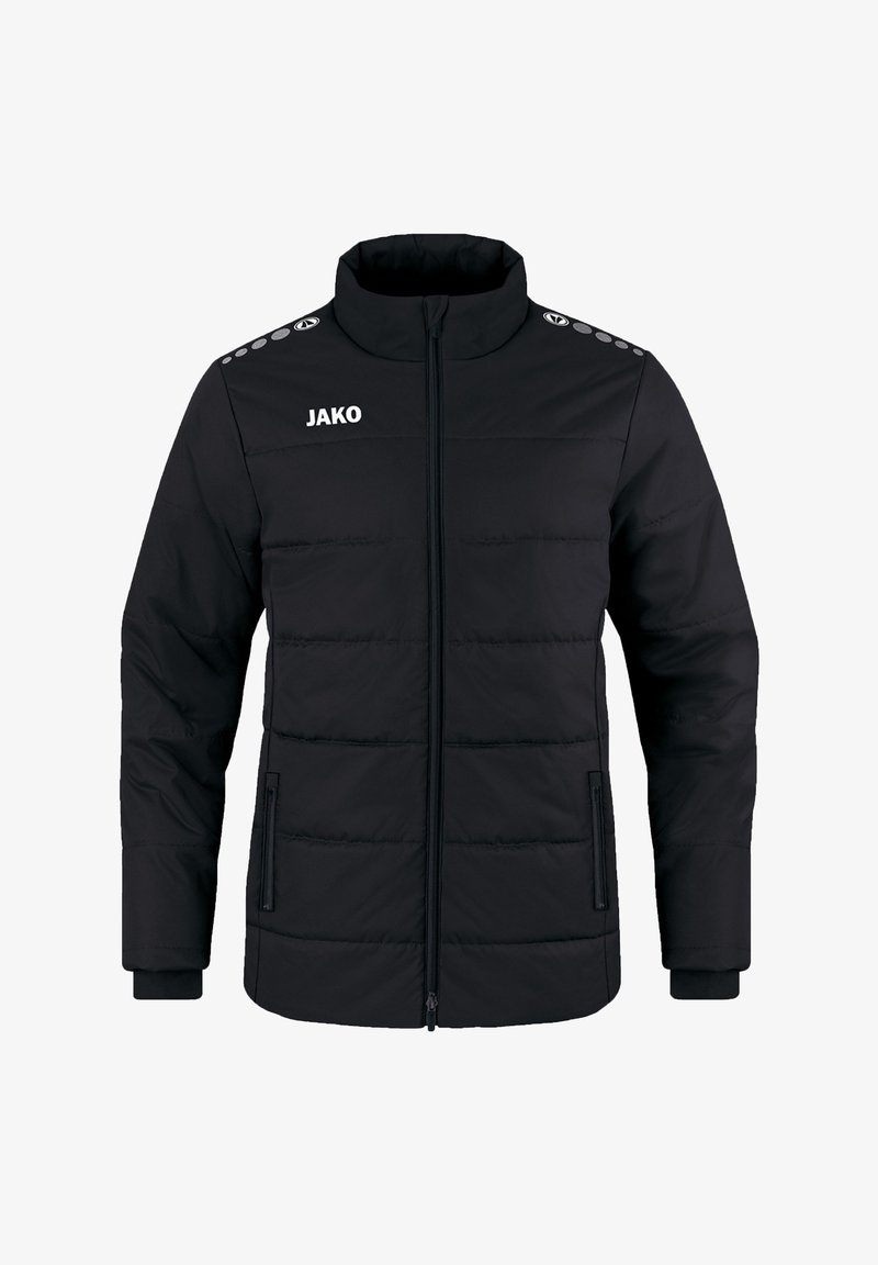 Giubbotto imbottito nero con colletto alto, chiusura con zip e logo. Presenta pannelli cuciti e tasche laterali, con dettagli sulle spalle.