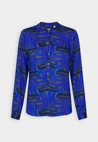 Long-sleeve blue shirt featuring a geometric pattern in dark blue and brown, with a mandarin collar and button-front closure.