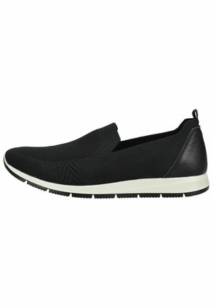 Schwarzer Slip-On-Sneaker mit gestricktem Obermaterial, weißer Sohle, strukturierter Außensohle und Leder-Fersenlasche, in der rechten Seitenansicht dargestellt.