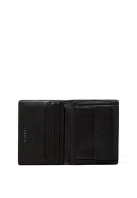 Cartera de cuero negro con un acabado texturizado, que cuenta con múltiples compartimentos para tarjetas y un espacio transparente para identificación. Diseño simple y rectangular.
