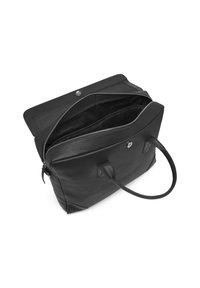 Borsa tote in pelle nera con chiusura a zip e bottone a scatto. Presenta doppie maniglie e decori triangolari sui lati. Interno foderato.