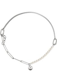 Collier en métal avec des maillons rectangulaires, une chaîne de perles blanches et un accent rond en argent à une extrémité.