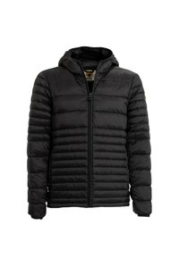 Giacca a vento nera in tessuto imbottito, con chiusura a zip, cappuccio e texture trapuntata. Le maniche sono aderenti e il design presenta dettagli di cucitura in evidenza.