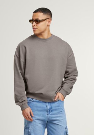 Gray sweatshirt with a crew neck, relaxed fit, and ribbed cuffs. Worn with light blue cargo shorts. Plain design, minimal detailing.