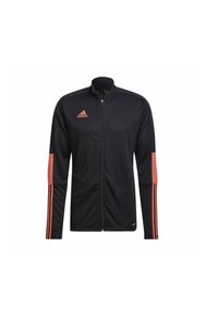 Giacca sportiva nera con accenti rosa. Design a zip completo, maniche lunghe e tre strisce rosa su ciascun braccio. Logo sul lato sinistro del petto.