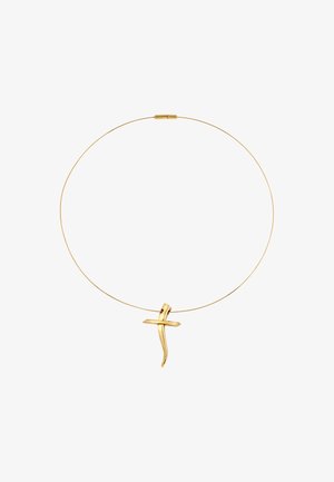 Złoty choker z cienkim drutem i abstrakcyjnym wisiorkiem w kształcie krzyża, charakteryzującym się gładkim, polerowanym wykończeniem oraz płynnymi kształtami.
