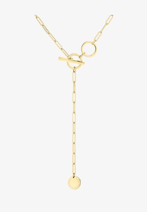 Goldene Halskette mit verlängerten Gliedern, ausgestattet mit einem Toggle-Verschluss und einem runden Anhänger, auf dem "LIEBESKIND" eingraviert ist.