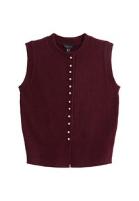 Mouwloze, bordeaux gebreide cardigan met kleine ronde gouden knopen aan de voorkant en geribbelde afwerking aan de onderkant en armopeningen.