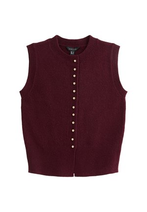 Sleeveless, burgundy knit cardigan with small round gold buttons down the front and ribbed trim at hem and armholes.