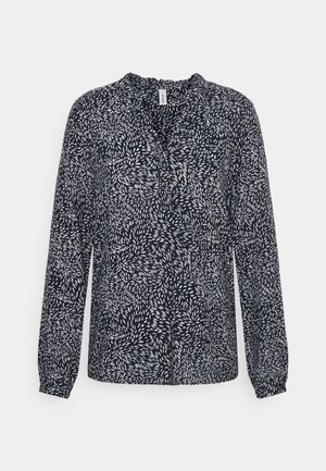 Blouse met lange mouwen in marineblauw met een wit bladmotief, voorzien van een geplooide halslijn en manchetten, gemaakt van een lichtgewicht, gestructureerde stof.