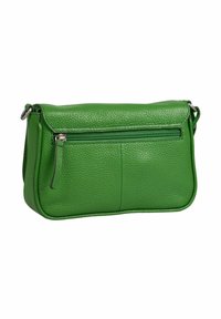Grüne Ledertasche für die Schulter mit strukturiertem Finish, vorderer Reißverschlusstasche und verstellbarem Tragegurt. Mit abgerundeten Kanten und Nahtdetails.