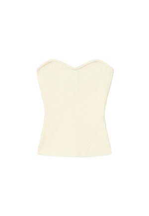 Haut bustier en tricot côtelé de couleur crème, sans bretelles, avec un décolleté en forme de cœur et une silhouette ajustée.