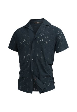 Chemise à manches courtes, bleu foncé, avec un tissu texturé et motif comportant des découpes géométriques et un devant à boutons.