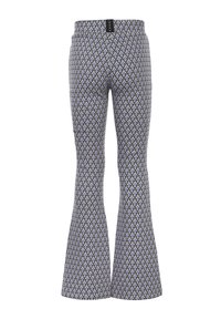 Uitlopende broek in een patroonstof met een geometrisch ontwerp in paarse en zwarte tinten. Elastische tailleband met een merkteken aan de achterkant.