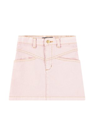 Light pink denim skirt with a straight cut, featuring contrasting yellow stitching, front pockets, and a gold button at the waist.