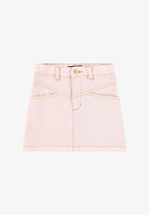 Gaiši rozā džinsu svārki ar taisnu piegriezumu, ar kontrastējošu dzeltenu šuvēm, priekšējiem kabatām un zeltītu pogu jostasvietā.