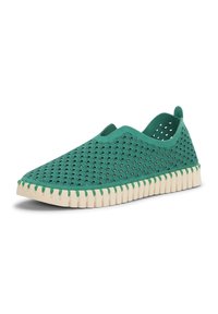 Zapato verde tipo slip-on con patrón calado de conchas y suela blanca acanalada, presentado en ángulo para mostrar los lados y el frente sobre fondo blanco.