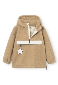 Tan fleecepullover med hætte, halv-lynlås foran og cremefarvet detalje. Har et stjernesymbolet mærke og elastiske manchetter. Blødt, struktureret stof.
