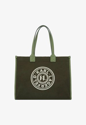 Bolso tote de fieltro verde con dos asas a juego, que presenta un prominente logo circular blanco con el texto "KARL LAGERFELD" y una letra "K" en relieve.