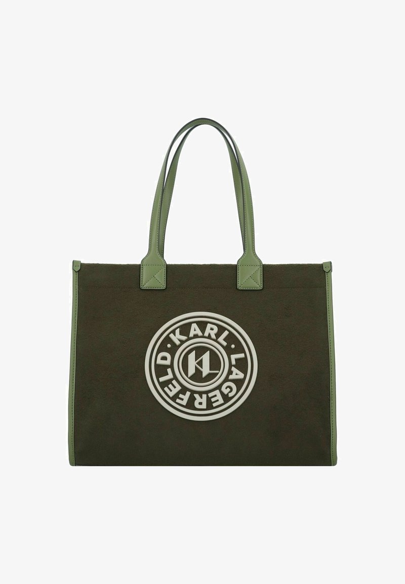 Sac fourre-tout en feutre vert avec deux poignées assorties, arborant un logo circulaire blanc proéminent avec le texte "KARL LAGERFELD" et une lettre "K" embossée.