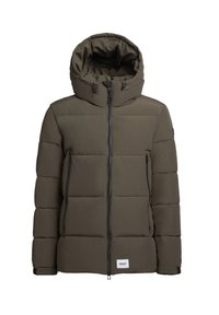 Puffy, hooded jacket in dark olive green. Features zip closure, side pockets, and a brand label on the hem. Smooth texture, quilted design.