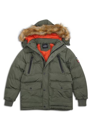 Olivengrøn polstret vinterjakke med orange foer, aftagelig hætte med imiteret pelskant, fire forlommer og ribbede manchetter.