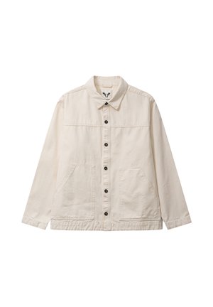 Beige langærmet knopjakke med krave og to store forlommer, vist på en ensfarvet hvid baggrund.