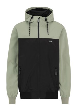 Zweifarbig grün-schwarze Kapuzenjacke mit Reißverschluss, verstellbaren Kordeln und seitlichen Reißverschlusstaschen.