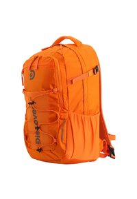 Orange Rucksack mit gepolstertem Design, Vorderseite mit Mesh-Tasche, Bungee-Schnur-Akzenten und einem Tragegriff oben. Verfügt über verstellbare Riemen und Logo-Details.