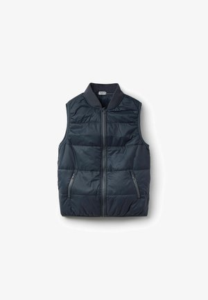 Gilet senza maniche in micropile blu navy, con zip frontale e due tasche laterali con zip, colletto a coste.